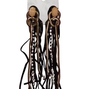 Free People Fringe Statement Earrings Boho Rhinestone Leather NWT $48